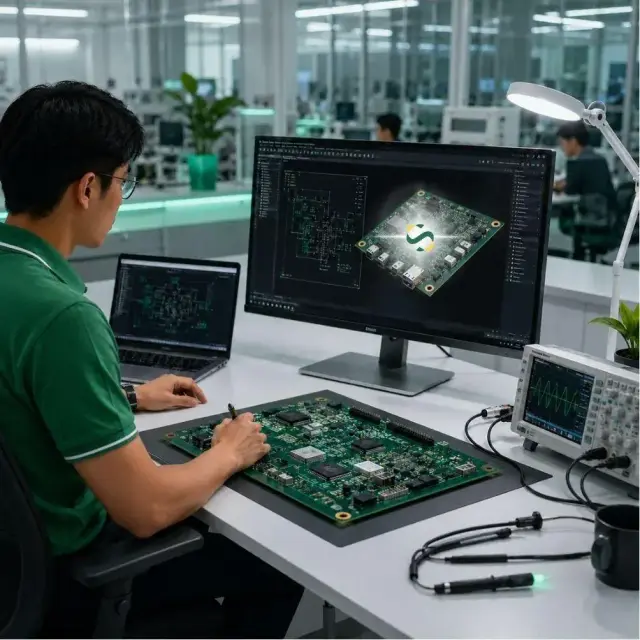 วิศวกรตรวจแผงวงจรต้นแบบด้วยเครื่องมือวัด ขณะที่หน้าจอแสดงแบบ PCB