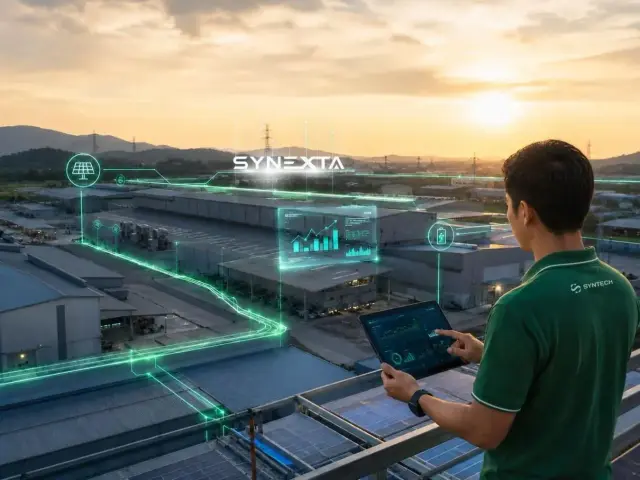 วิศวกร SynTech ใช้แท็บเล็ตตรวจข้อมูลพลังงานจากแพลตฟอร์ม SynExta ที่เชื่อมกับโรงงานยามพลบค่ำ